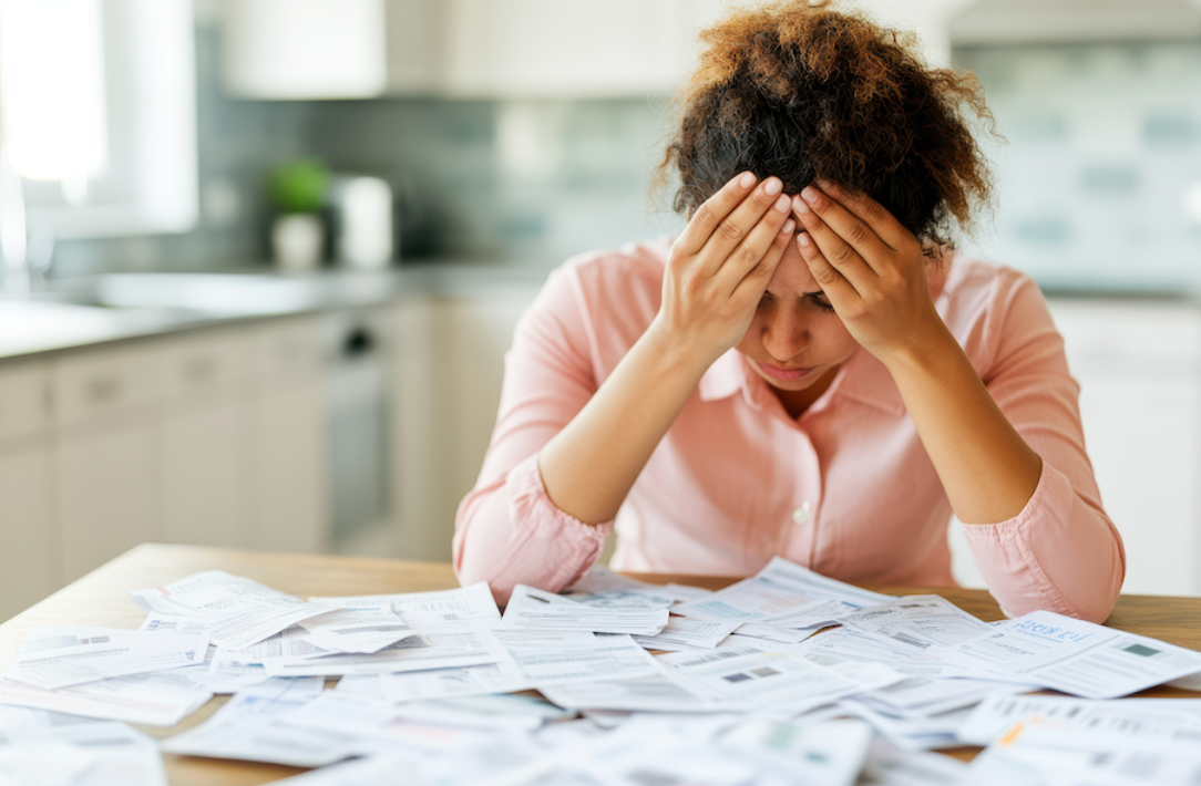 Woman at table reviewing her bills, contemplating how to seek support.